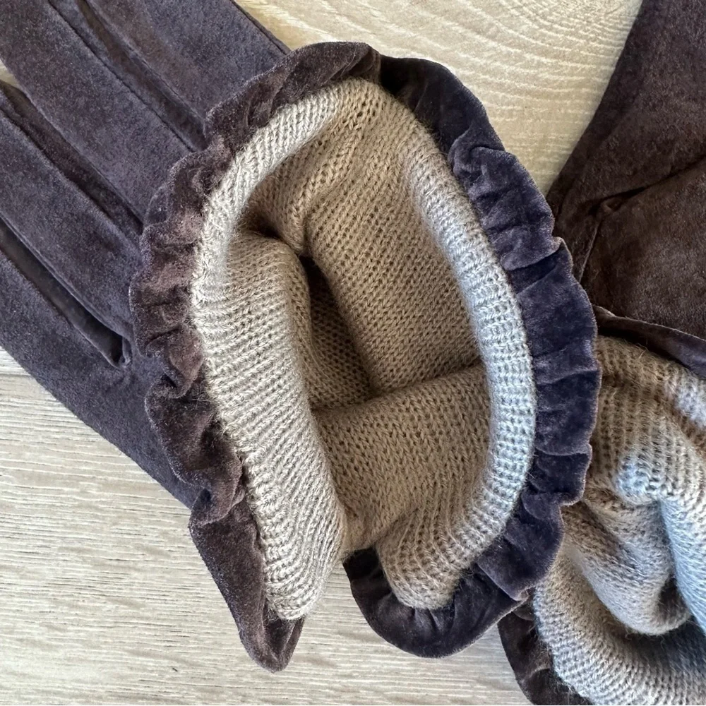 Vintage Brown Suede Leather Gloves L